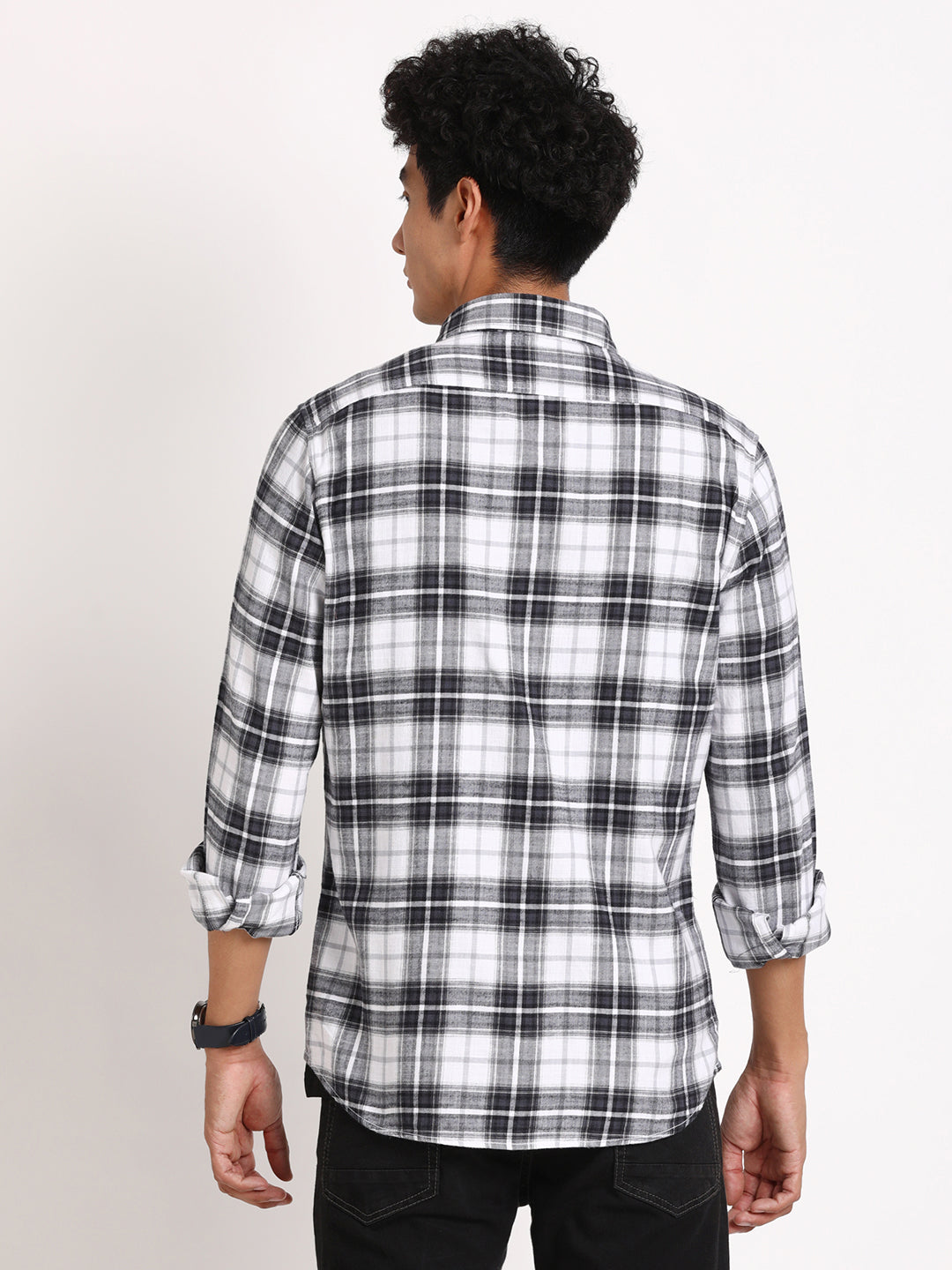 100% Cotton Grey Melange Checkered Slim Fit Full Sleeve Casual Shirt