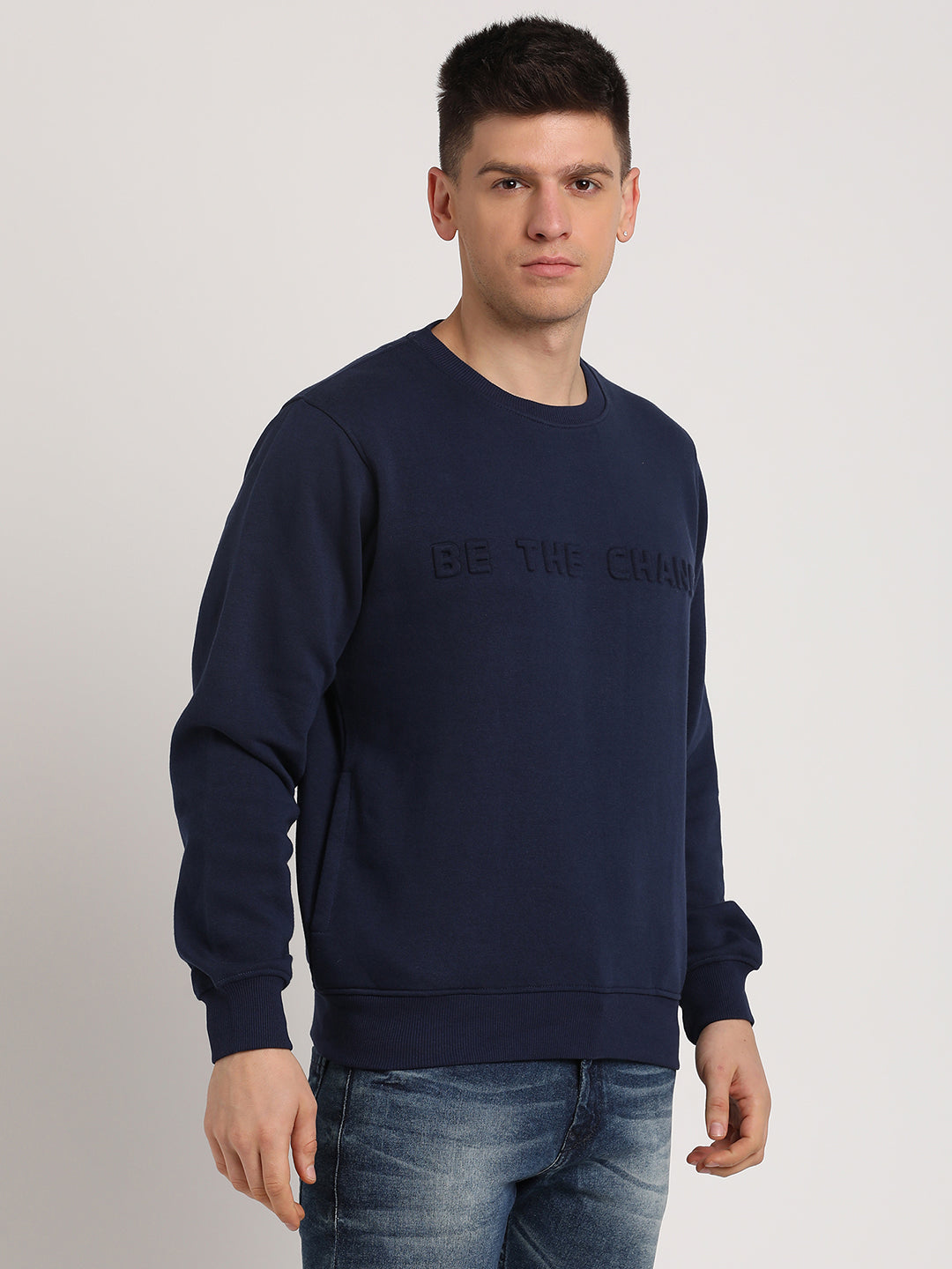 Cotton Navy Printed Regular Fit Full Sleeve Casual Sweatshirt