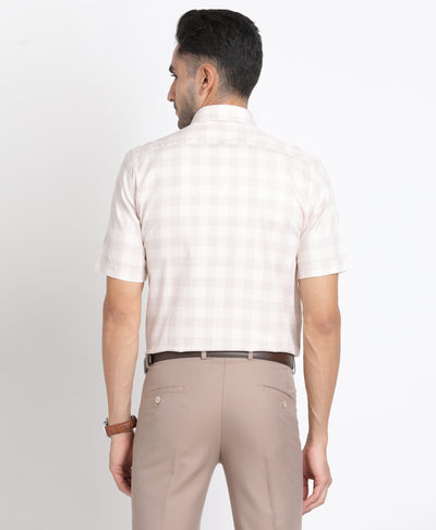 100% Cotton Cream Checkered Regular Fit Half Sleeve Formal Shirt