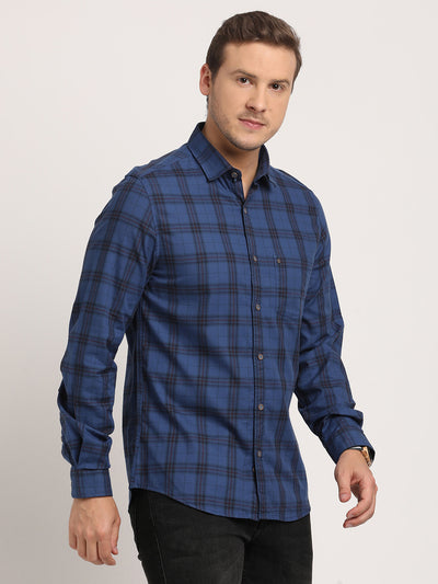 100% Cotton Blue Checkered Slim Fit Full Sleeve Casual Shirt