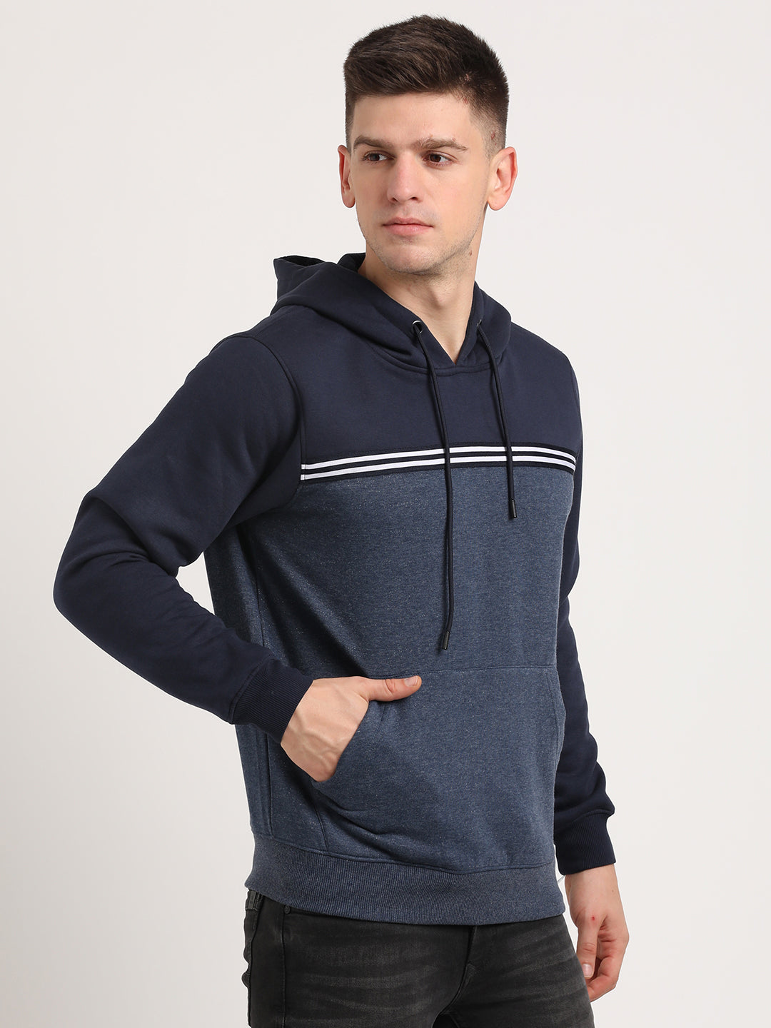 Cotton Stretch Navy Plain Regular Fit Full Sleeve Casual Hoodie Sweatshirt