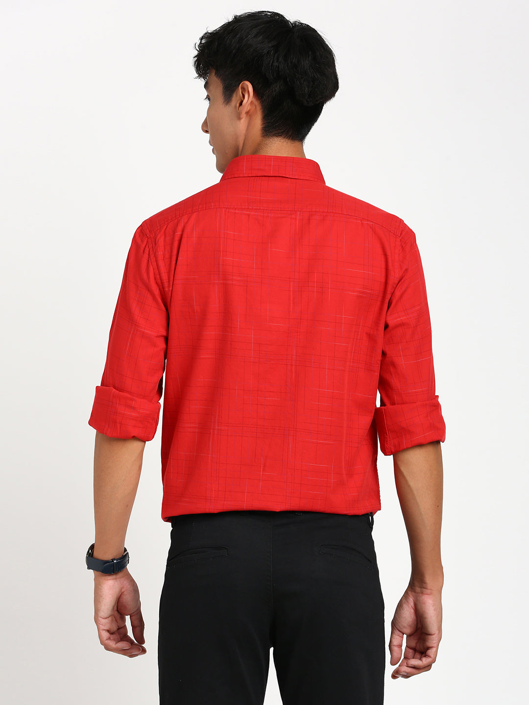 100% Cotton Red Checkered Slim Fit Full Sleeve Casual Shirt