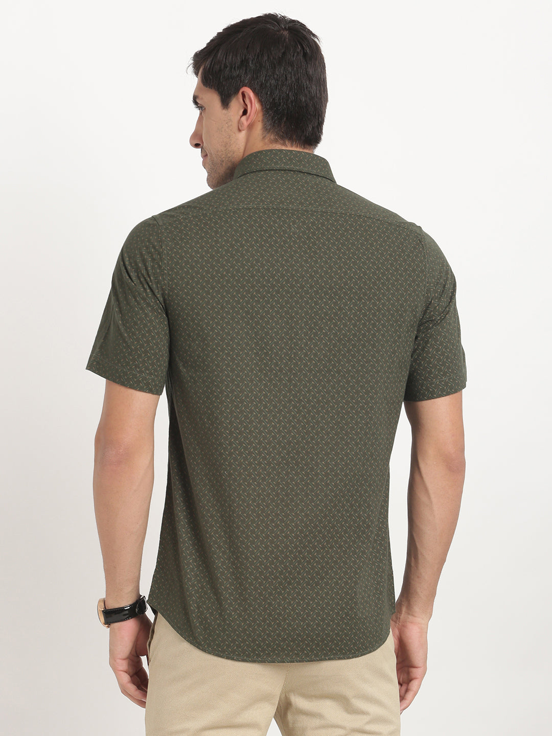 100% Cotton Olive Printed Slim Fit Half Sleeve Casual Shirt