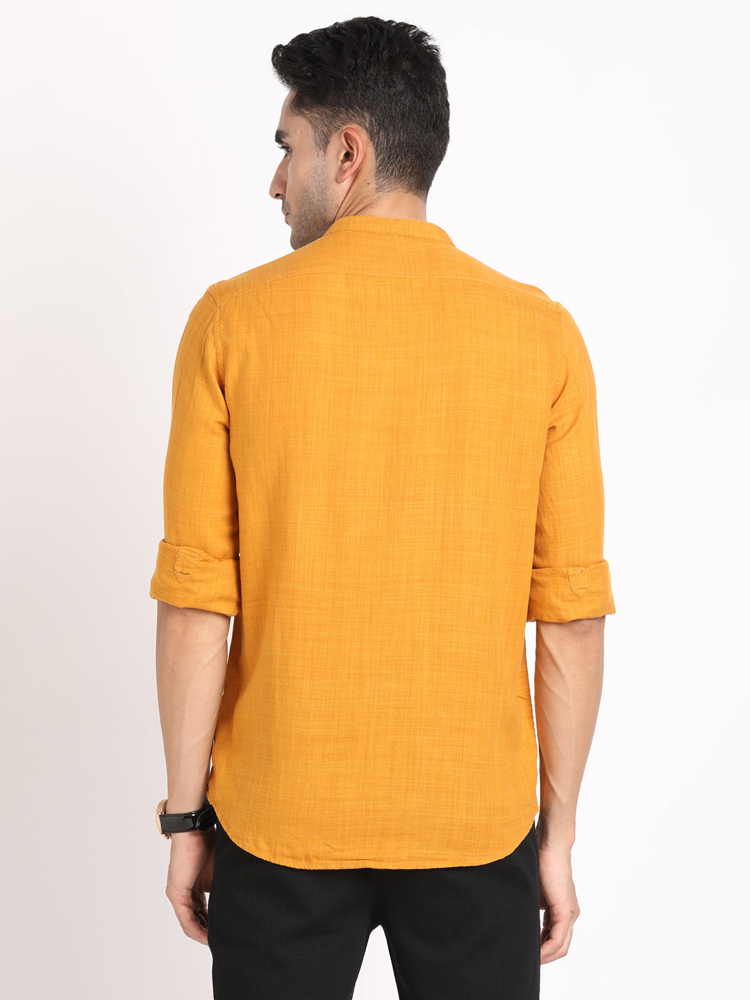 Cotton Lyocell Yellow Plain Slim Fit Full Sleeve Casual Shirt