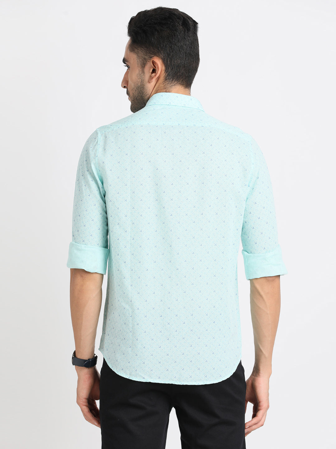 Cotton Linen Sea Green Printed Slim Fit Full Sleeve Casual Shirt