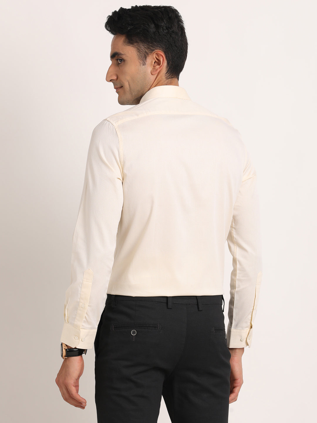 100% Cotton Beige Dobby Slim Fit Full Sleeve Formal Shirt