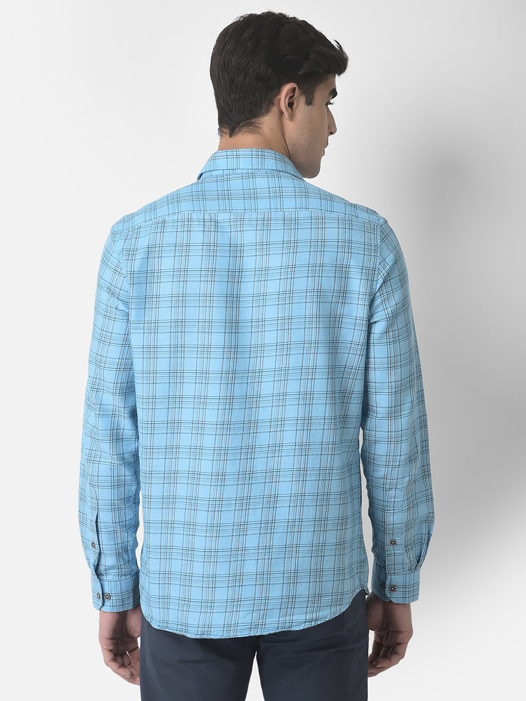 Cotton Melange Blue Checkered Slim Fit Full Sleeve Casual Shirt