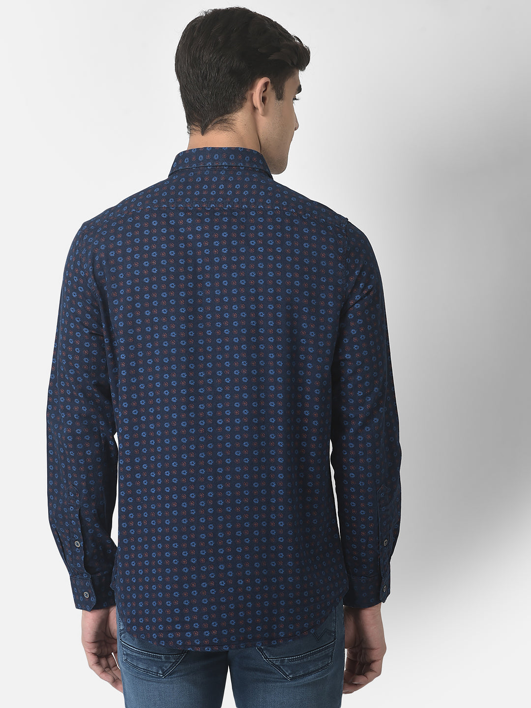 100% Cotton Indigo Navy Blue Printed Slim Fit Full Sleeve Casual Shirt