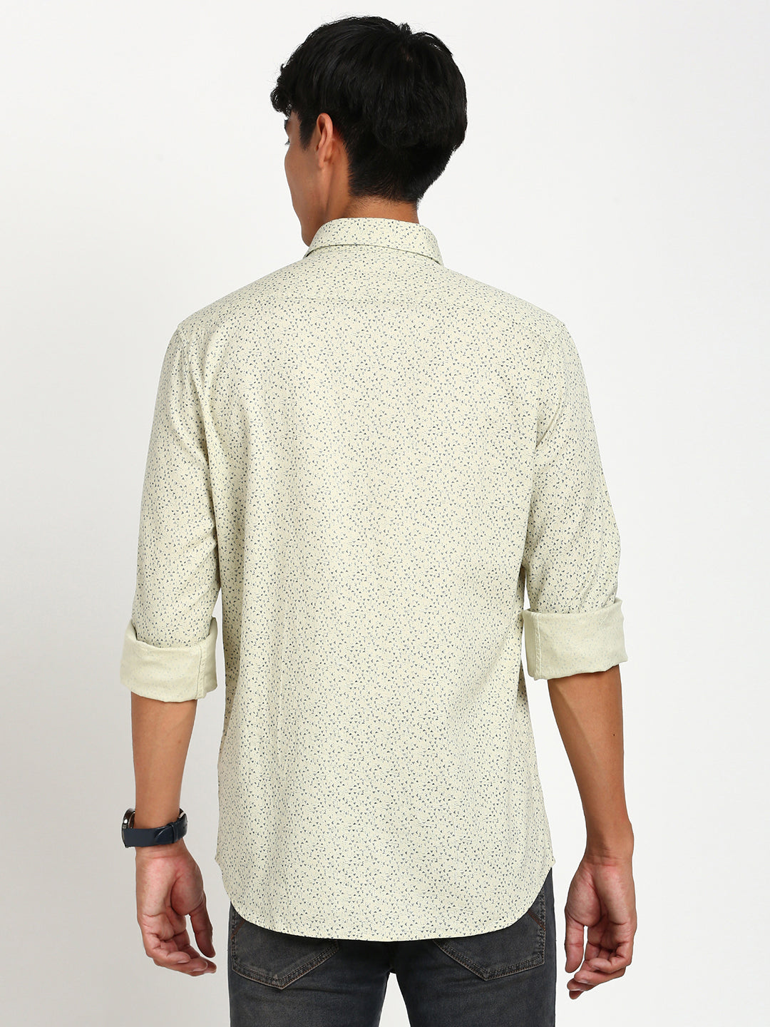 100% Cotton Beige Printed Slim Fit Full Sleeve Casual Shirt