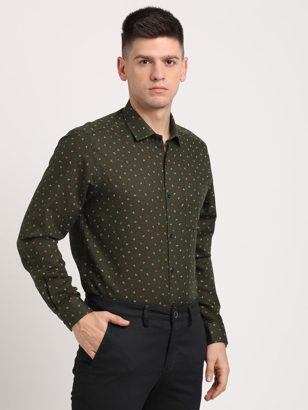 Cotton Linen Dark Green Printed Regular Fit Full Sleeve Formal Shirt