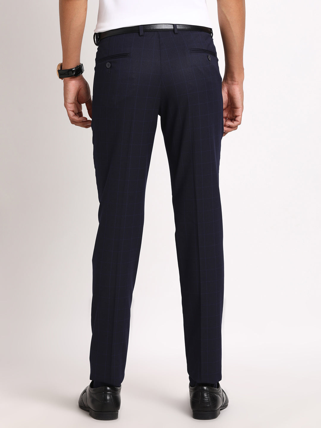 Poly Viscose Navy Blue Checkered Ultra Slim Fit Flat Front Formal Trouser