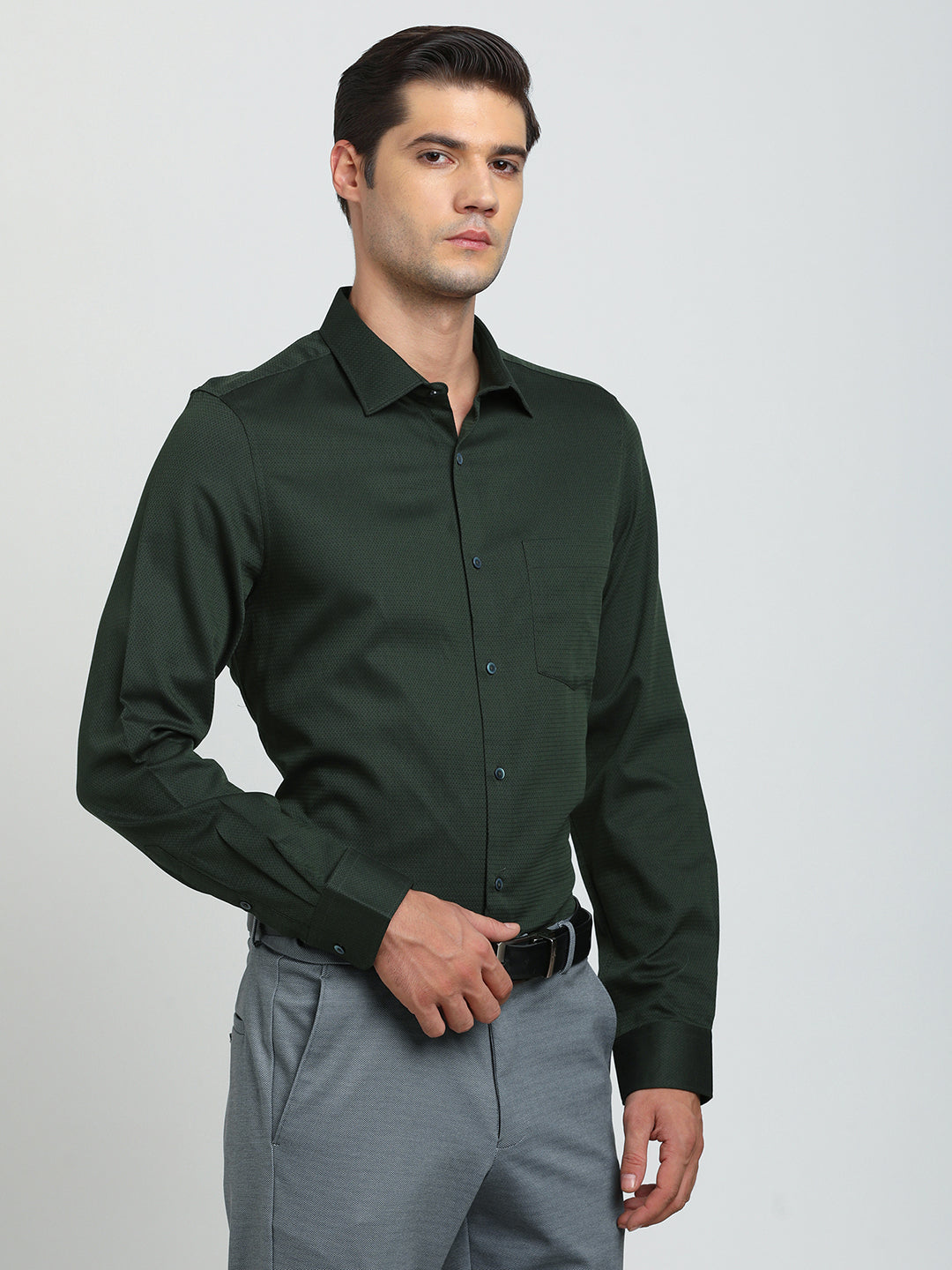 100% Cotton Green Dobby Slim Fit Full Sleeve Formal Shirt