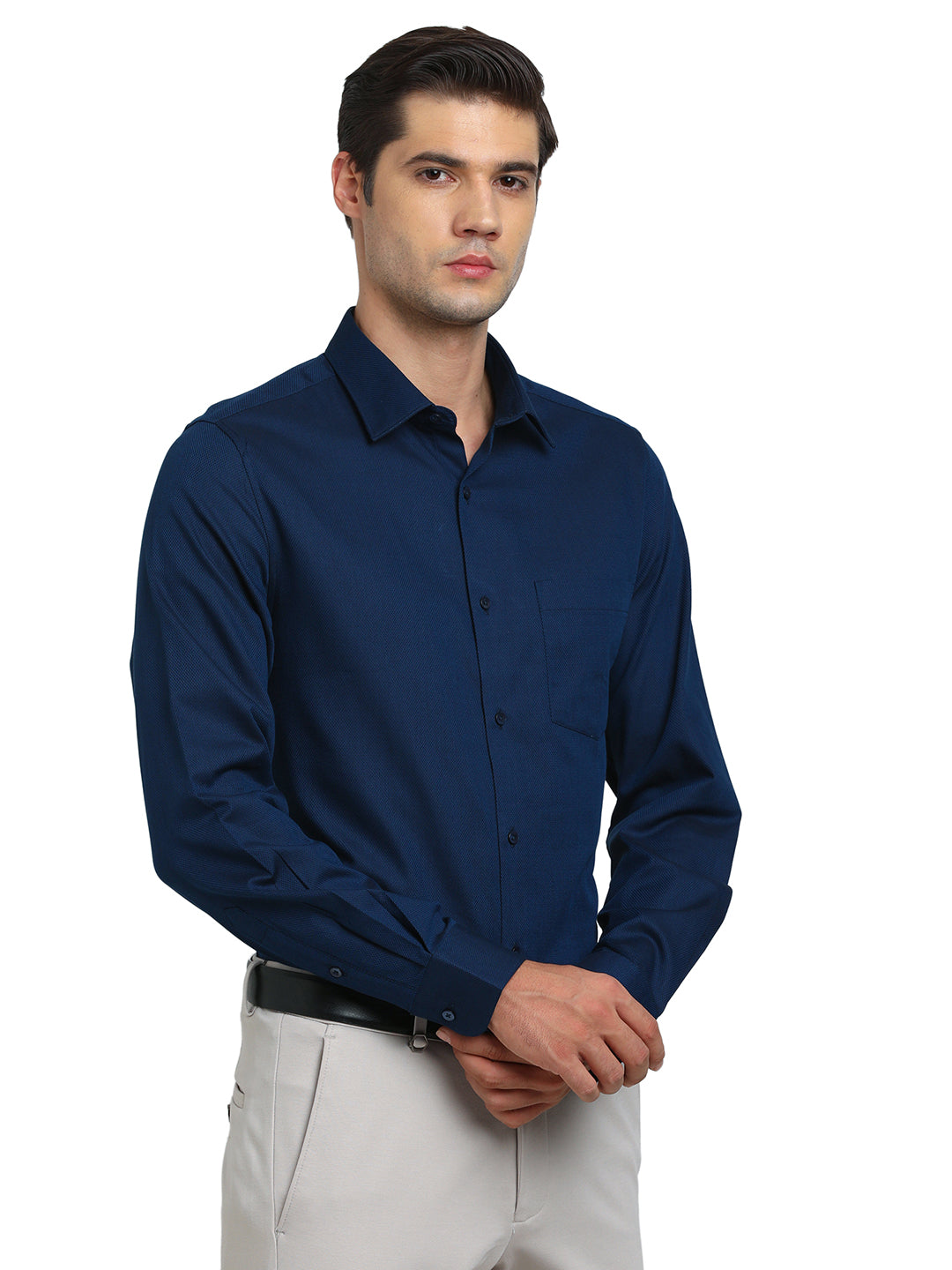 100% Cotton Indigo Blue Dobby Slim Fit Full Sleeve Formal Shirt