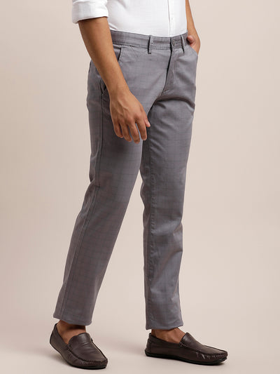 Cotton Stretch Grey Checkered Ultra Slim Fit Flat Front Casual Trouser