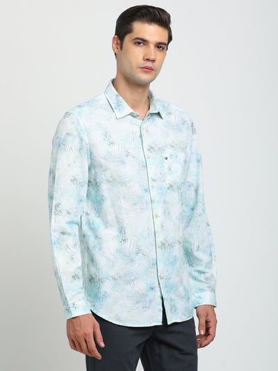 Cotton Linen Sky Blue Printed Slim Fit Full Sleeve Casual Shirt