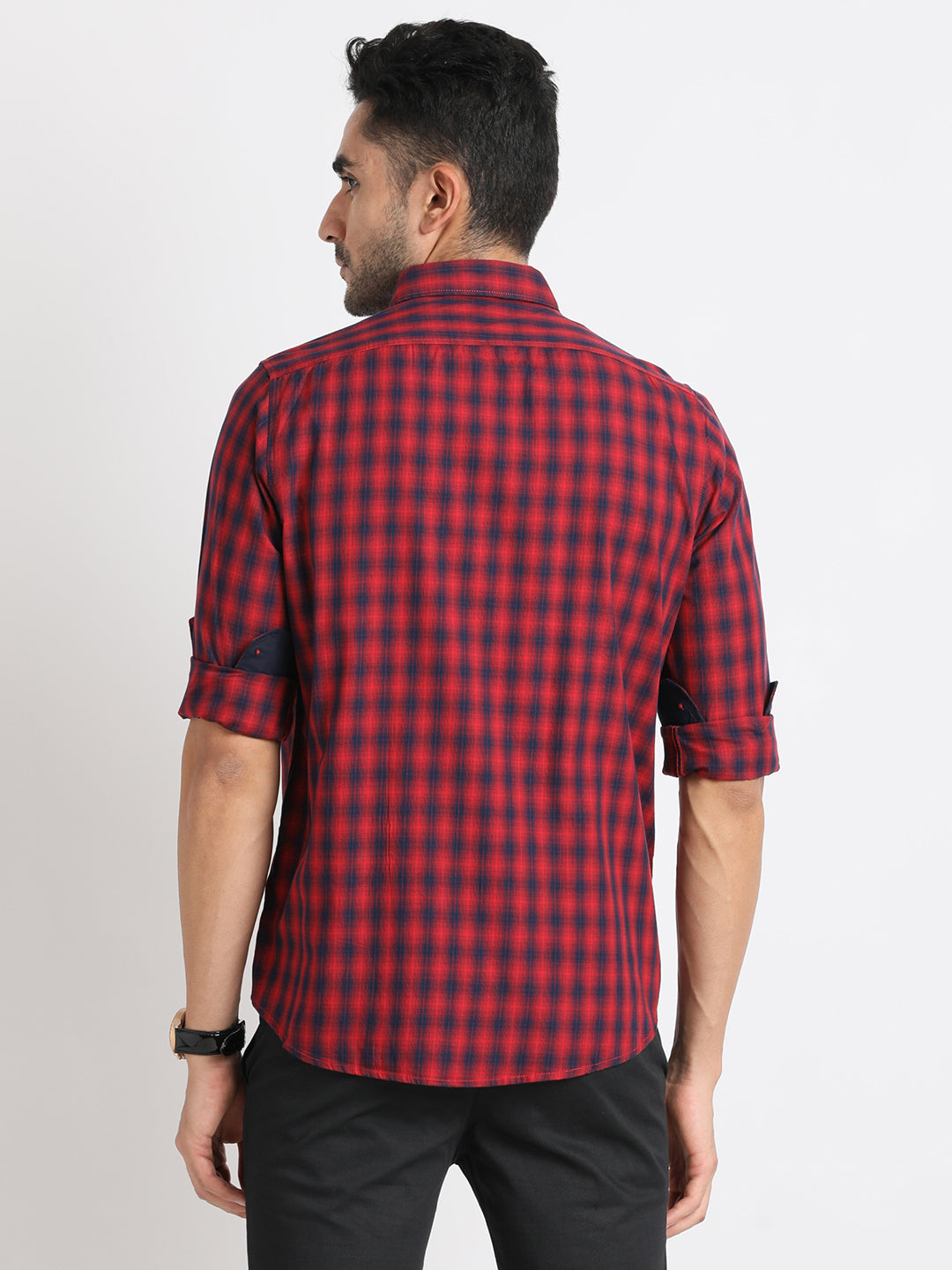 100% Cotton Red Checkered Slim Fit Full Sleeve Casual Shirt