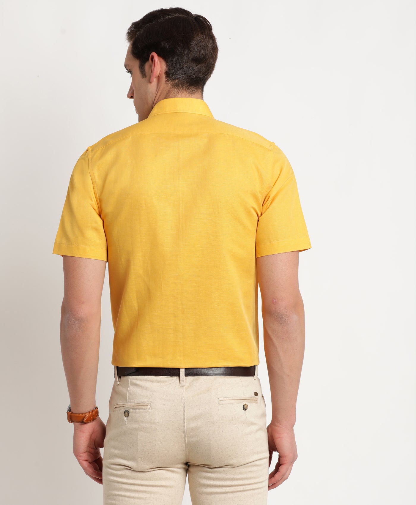Cotton Linen Yellow Plain Regular Fit Half Sleeve Formal Shirt