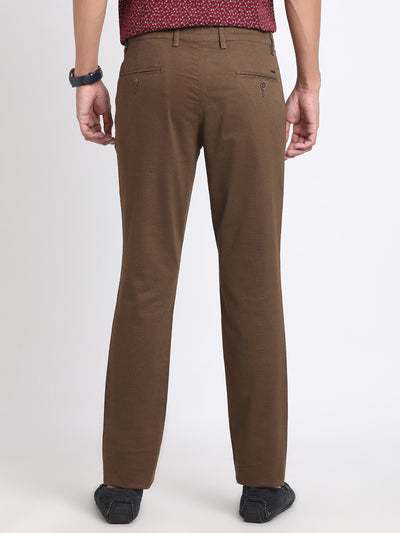 Cotton Stretch Brown Dobby Narrow Fit Flat Front Casual Trouser