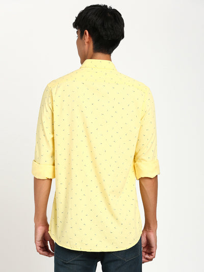 Cotton Tencel Yellow Printed Slim Fit Full Sleeve Casual Shirt