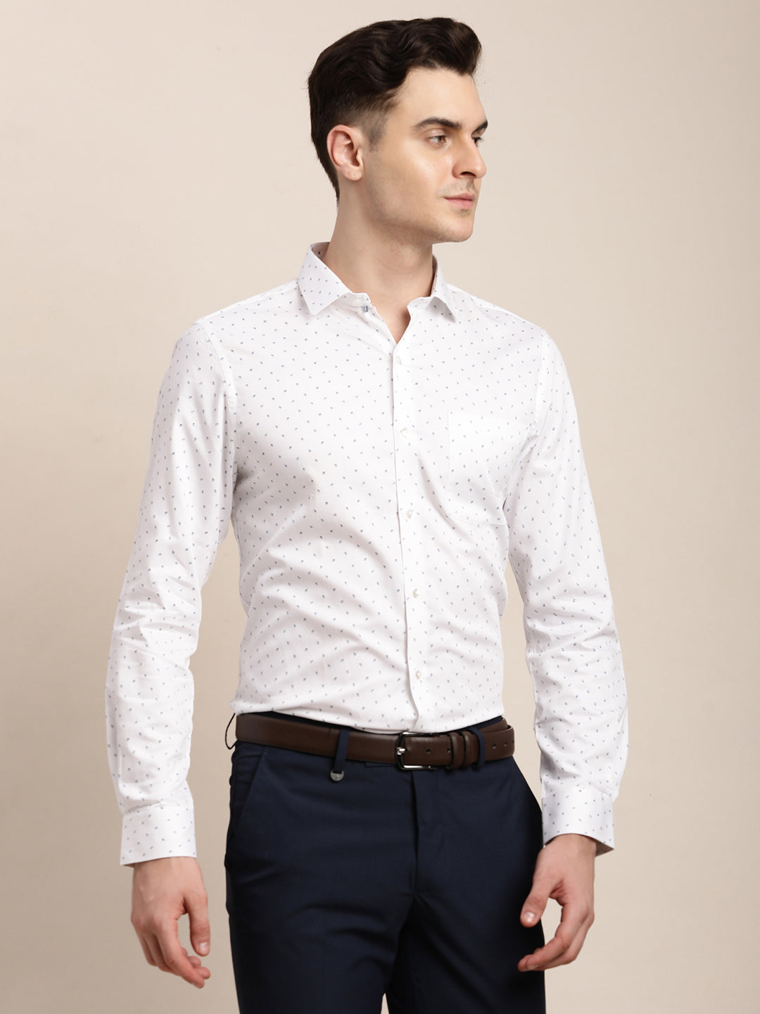 100% Cotton White Printed Slim Fit Full Sleeve Formal Shirt