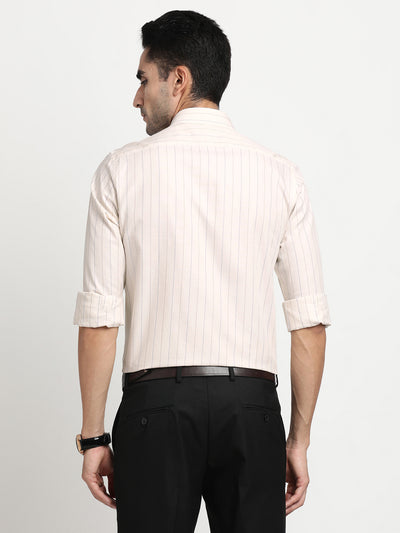 100% Cotton Beige Striped Slim Fit Full Sleeve Formal Shirt