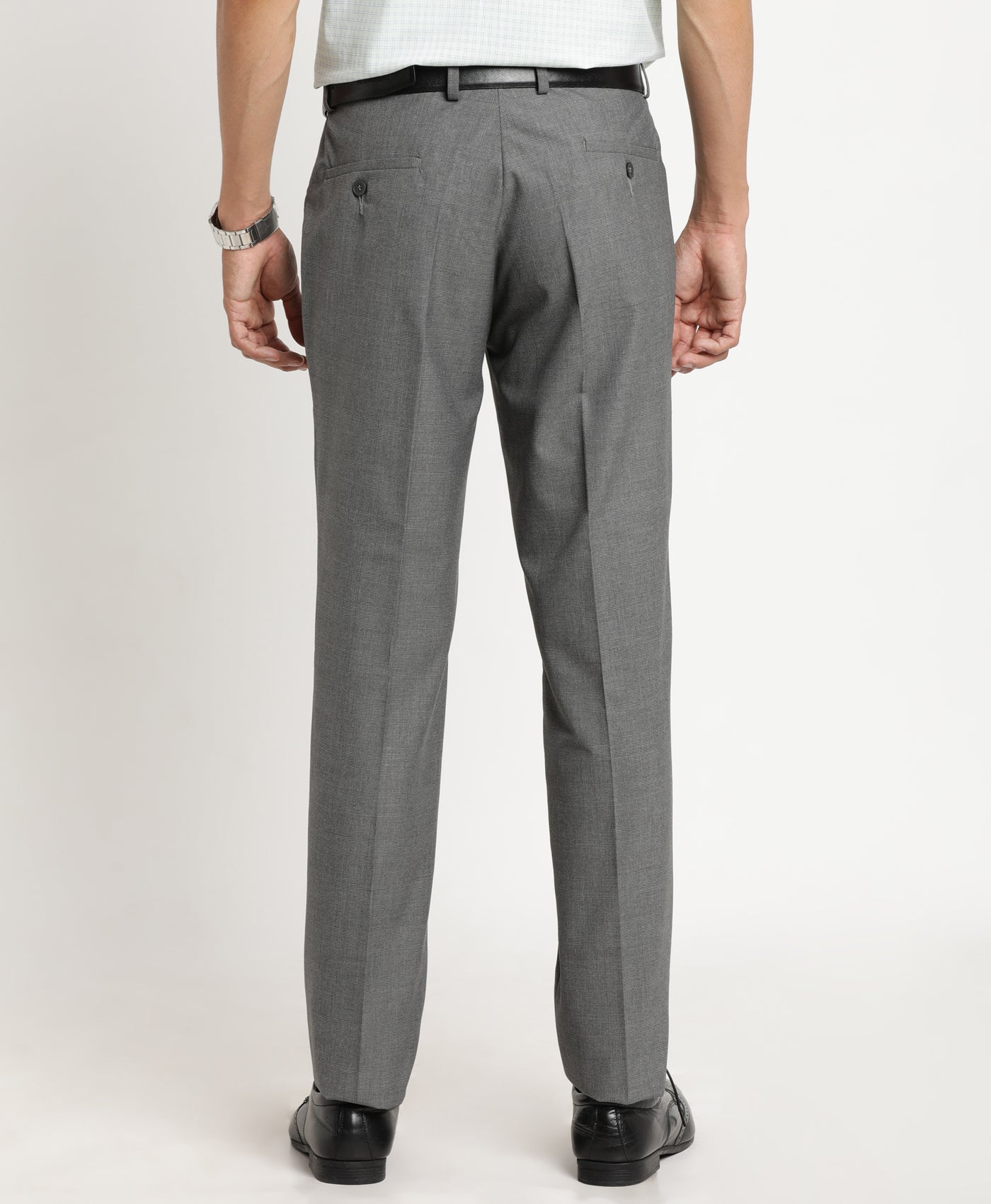 Poly Viscose Grey Checkered Slim Fit Flat Front Formal Trouser