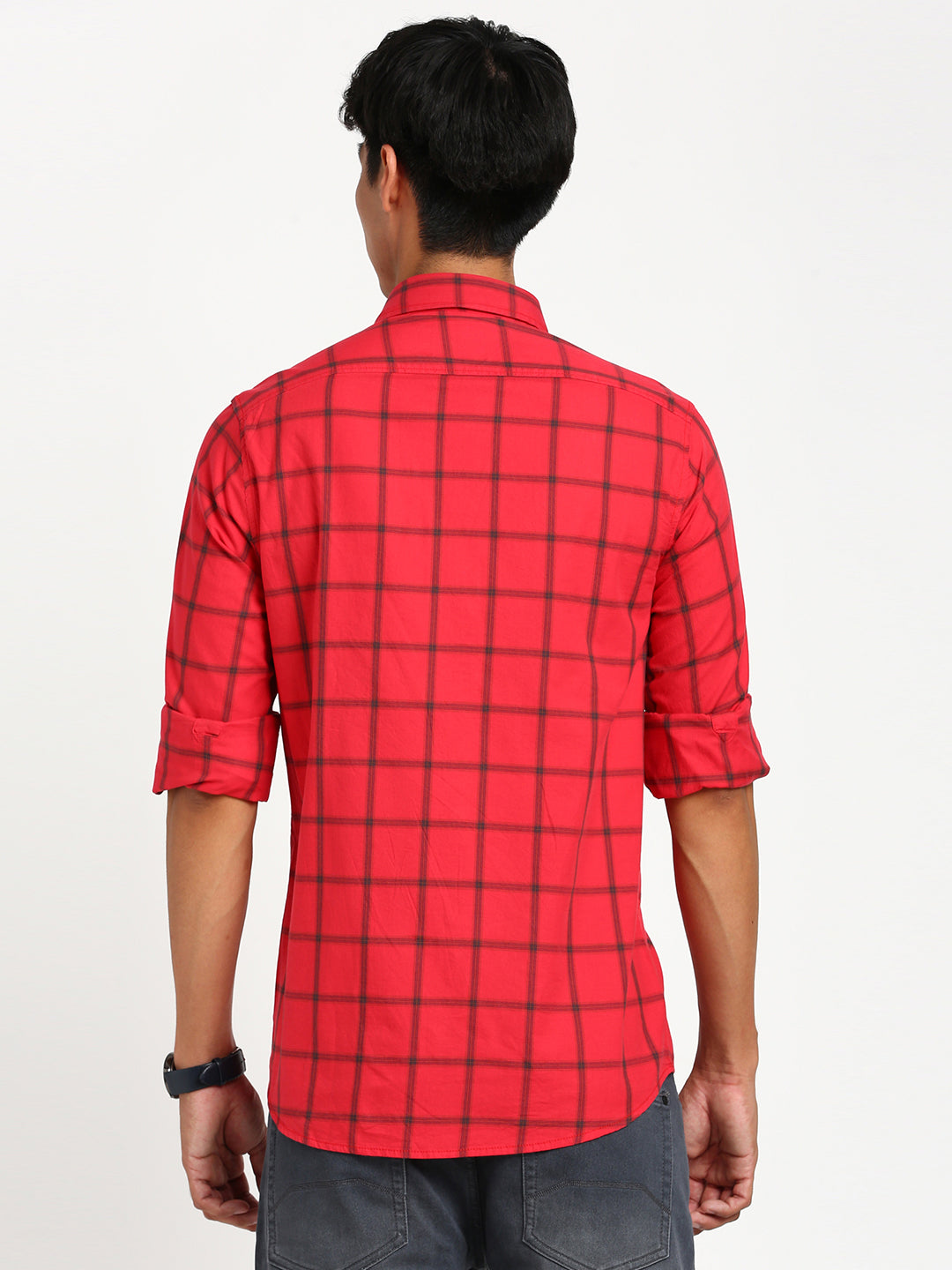 100% Cotton Red Checkered Slim Fit Full Sleeve Casual Shirt