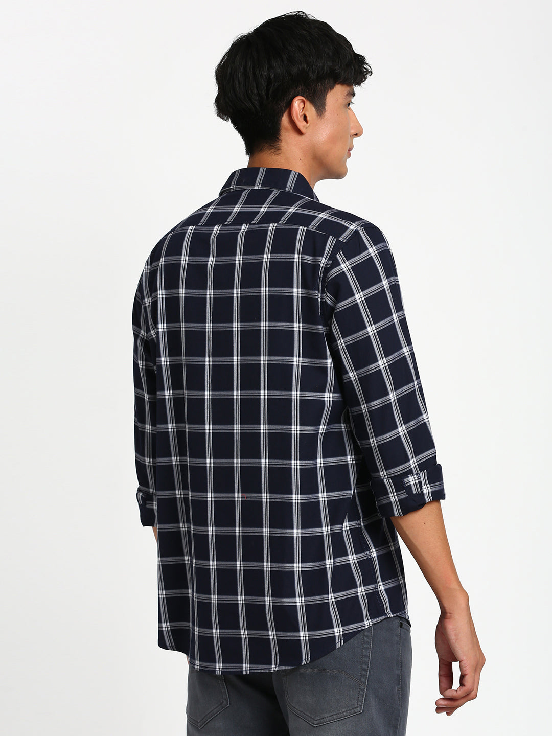 100% Cotton Navy Blue Checkered Slim Fit Full Sleeve Casual Shirt