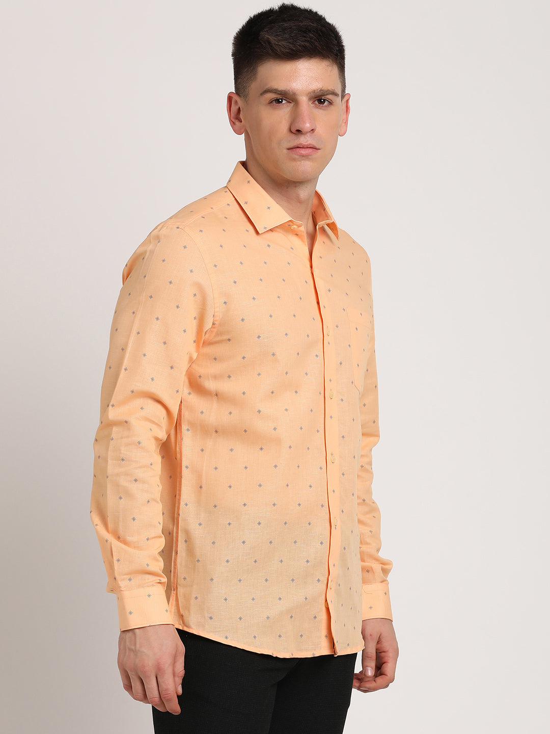 Cotton Linen Yellow Printed Slim Fit Full Sleeve Formal Shirt