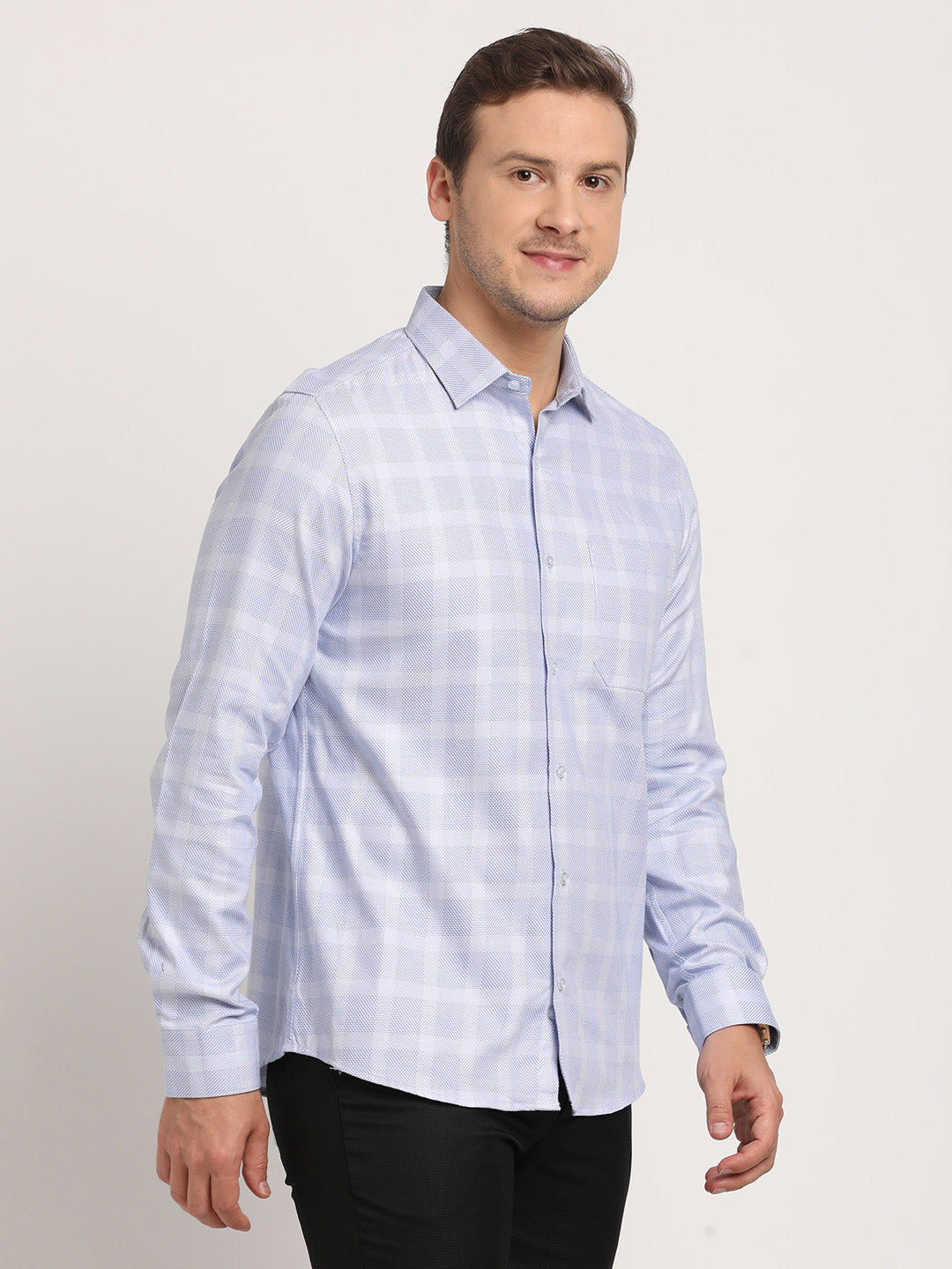 100% Cotton Light Blue Checkered Slim Fit Full Sleeve Formal Shirt