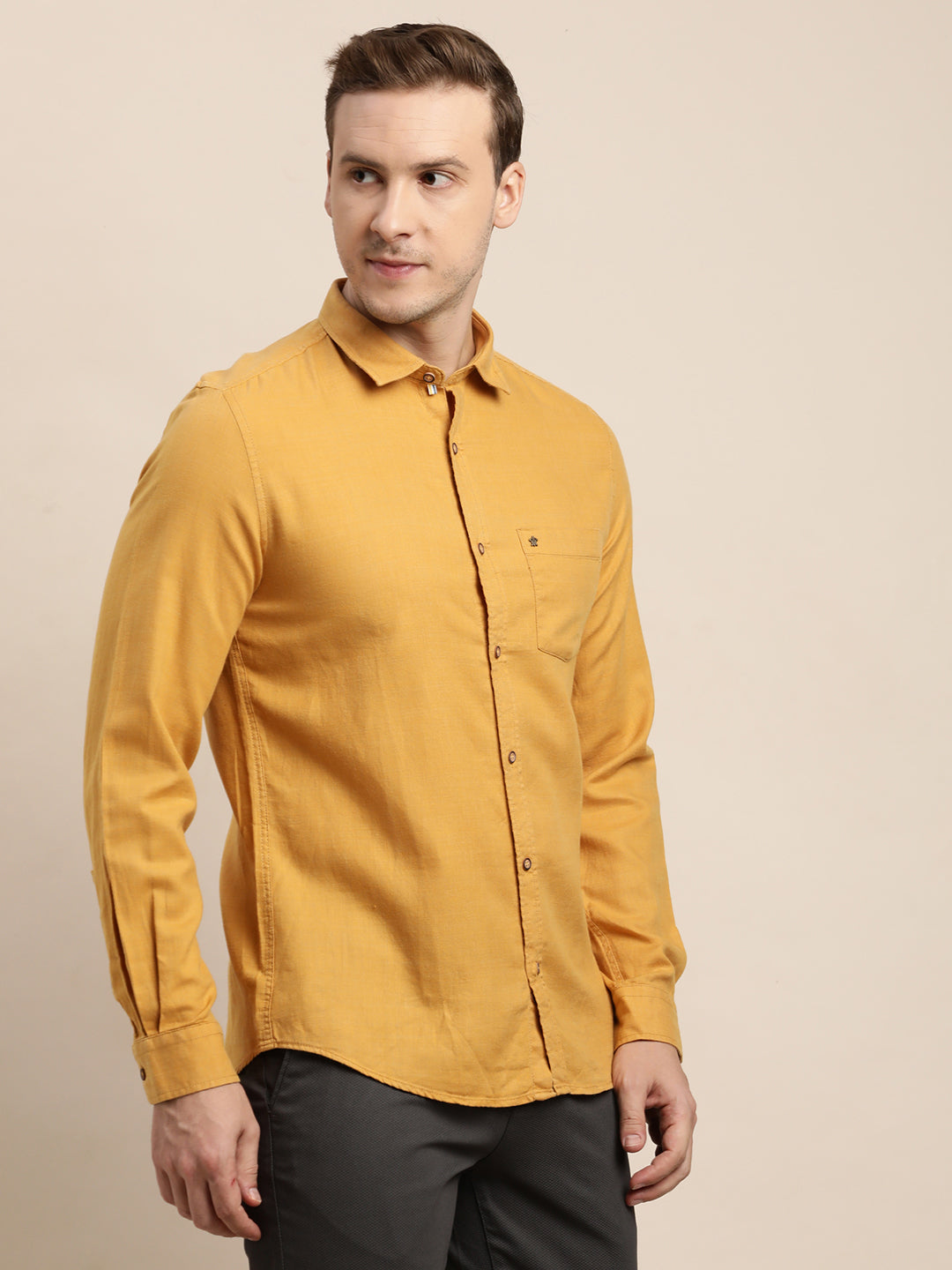 Cotton Lyocell Mustard Plain Slim Fit Full Sleeve Casual Shirt