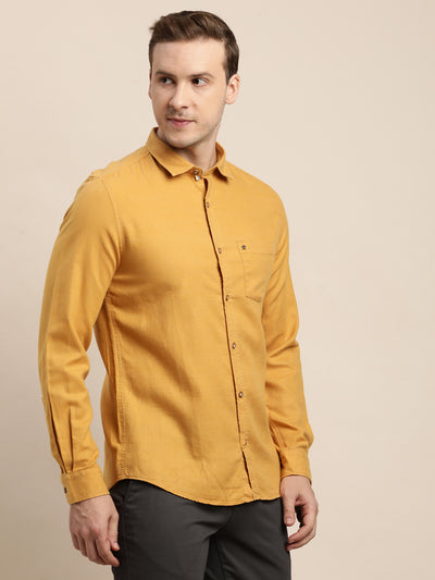 Cotton Lyocell Mustard Plain Slim Fit Full Sleeve Casual Shirt