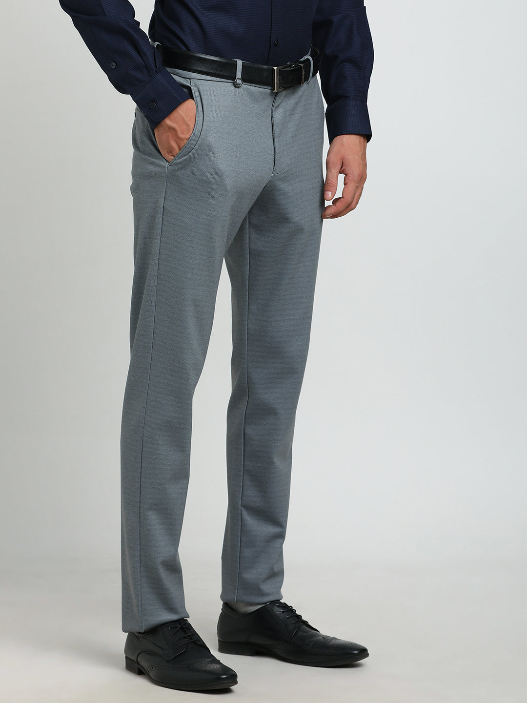 Cotton Light Grey Dobby Slim Fit Flat Front Ceremonial Trouser