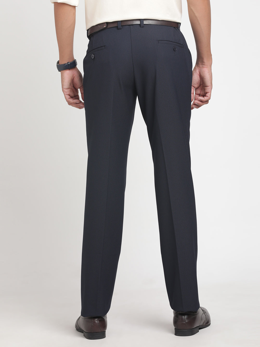 Cotton Stretch Navy Blue Dobby Ultra Slim Fit Flat Front Formal Trouser