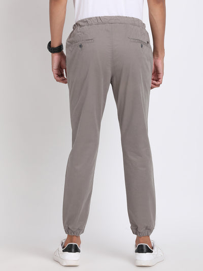 Cotton Stretch Grey Plain Jogger Flat Front Casual Trouser