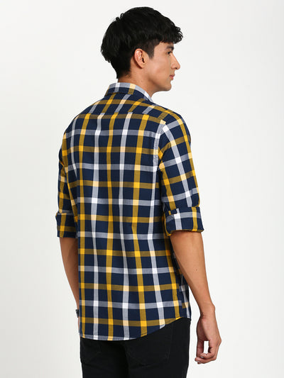 100% Cotton Navy Blue Checkered Slim Fit Full Sleeve Casual Shirt