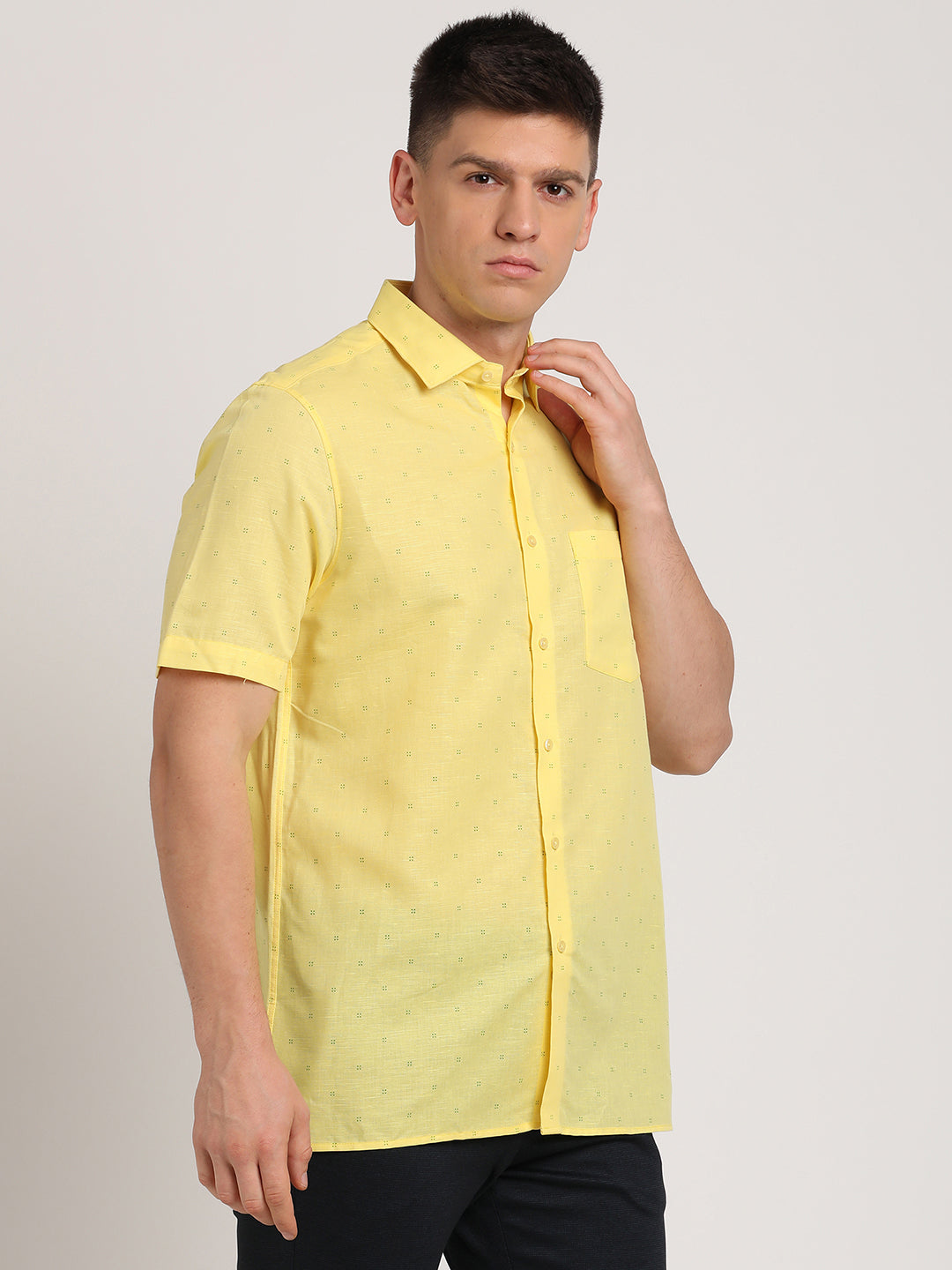 Cotton Linen Lemon Yellow Printed Regular Fit Half Sleeve Formal Shirt