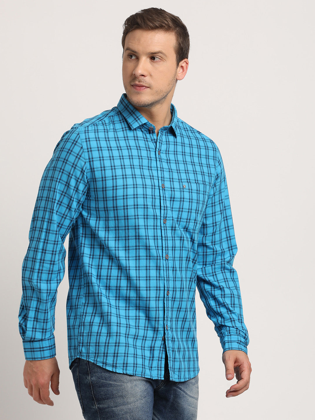 100% Cotton Sky Blue Checkered Slim Fit Full Sleeve Casual Shirt