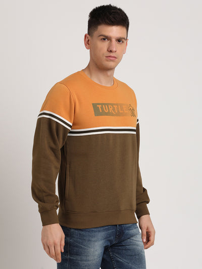 Poly Cotton Brown & Yellow Striped Regular Fit Full Sleeve Casual Sweatshirt