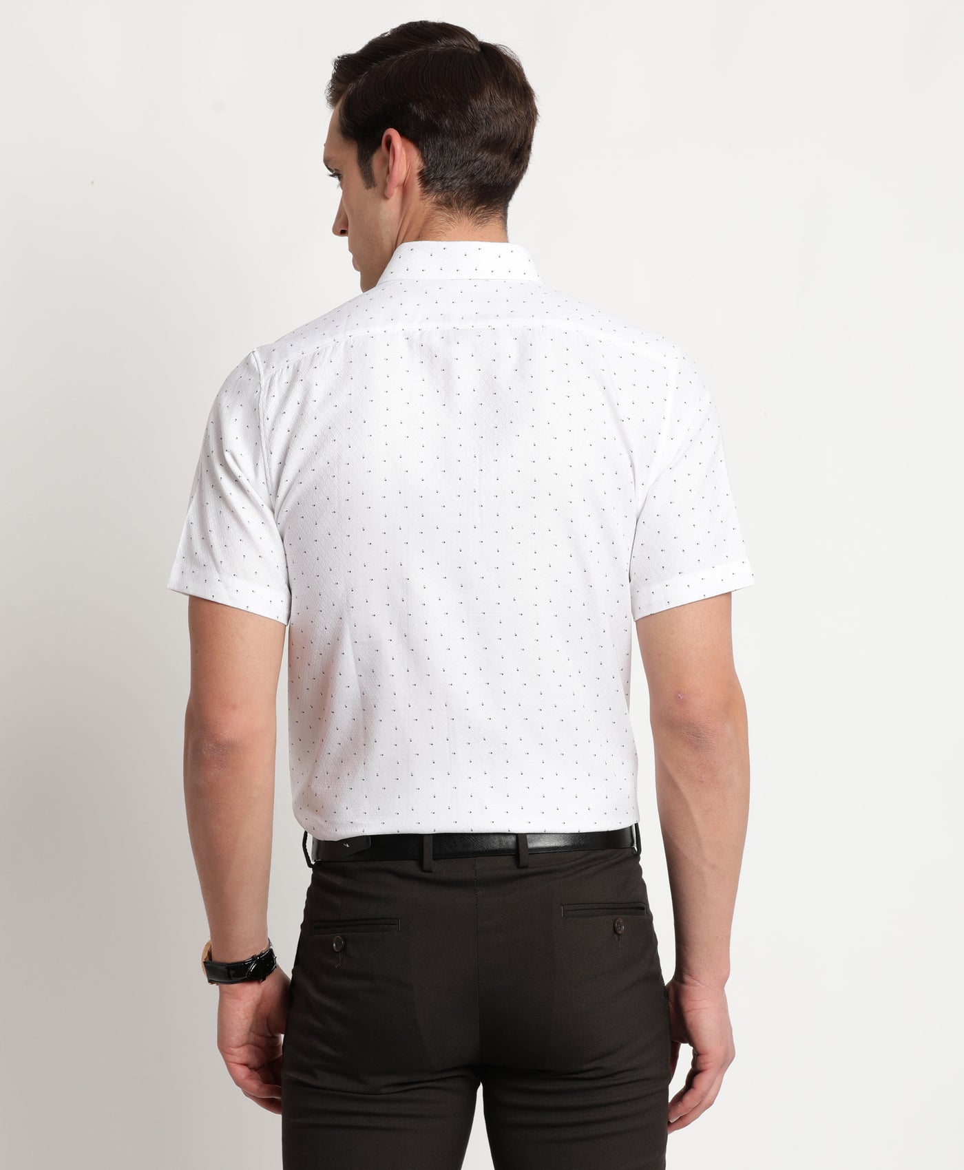 Cotton Tencel White Printed Regular Fit Half Sleeve Formal Shirt