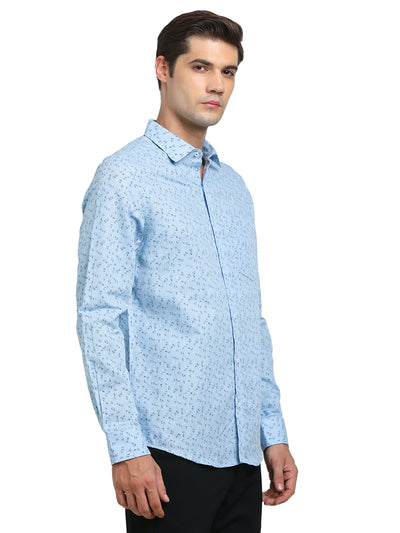 Cotton Linen Blue Printed Slim Fit Full Sleeve Formal Shirt