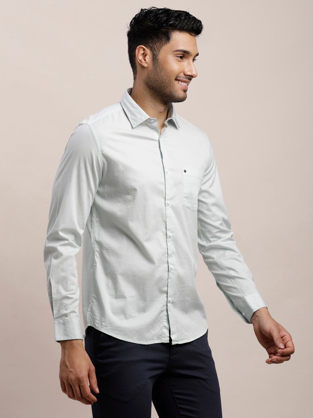 Cotton Stretch Grey Plain Slim Fit Full Sleeve Casual Shirt