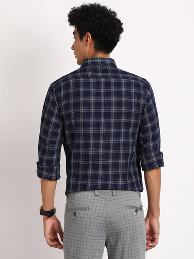 100% Cotton Indigo Blue Checkered Slim Fit Full Sleeve Casual Shirt