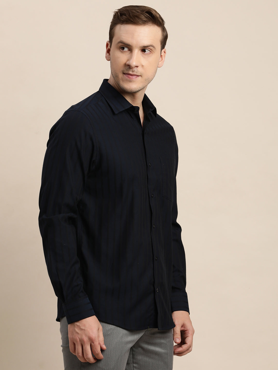 100% Cotton Navy Blue Striped Slim Fit Full Sleeve Formal Shirt