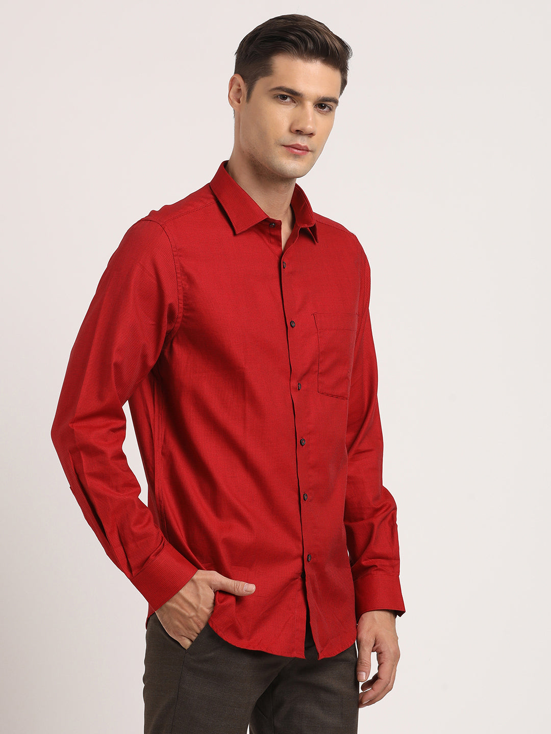 100% Cotton Red Dobby Slim Fit Full Sleeve Formal Shirt