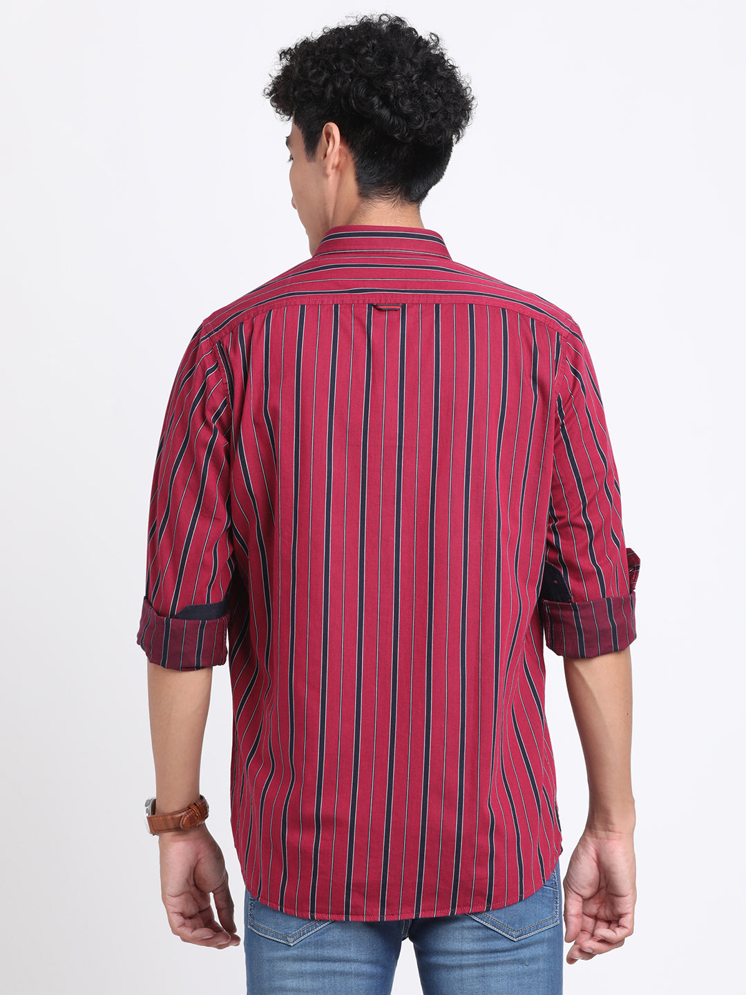 100% Cotton Maroon Striped Slim Fit Full Sleeve Casual Shirt