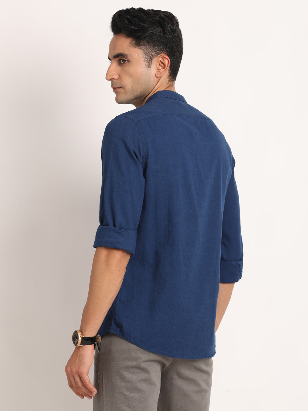 100% Cotton Navy Blue Plain Slim Fit Full Sleeve Casual Shirt