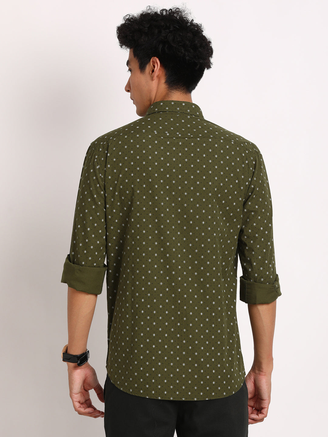 100% Cotton Dark Green Printed Slim Fit Full Sleeve Casual Shirt