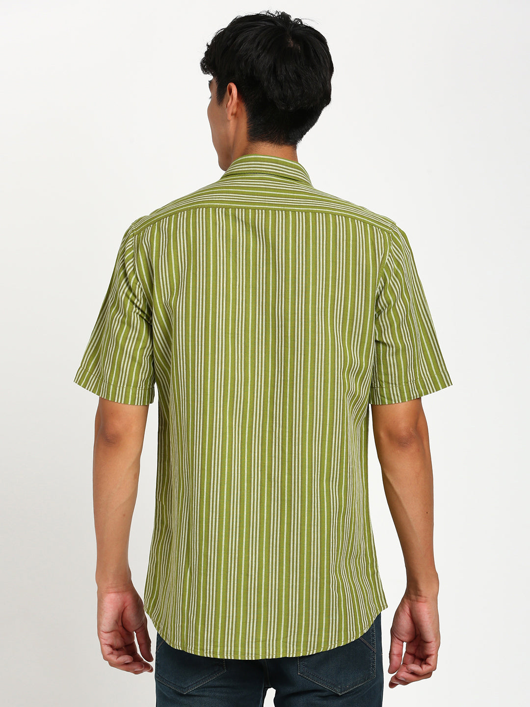 Cotton Linen Green Striped Slim Fit Half Sleeve Casual Shirt