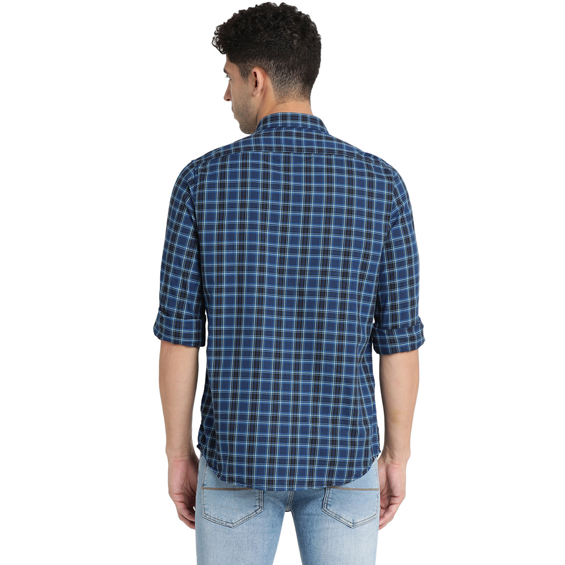 Turtle Men Blue Cotton Checked Slim Fit Casual Shirts